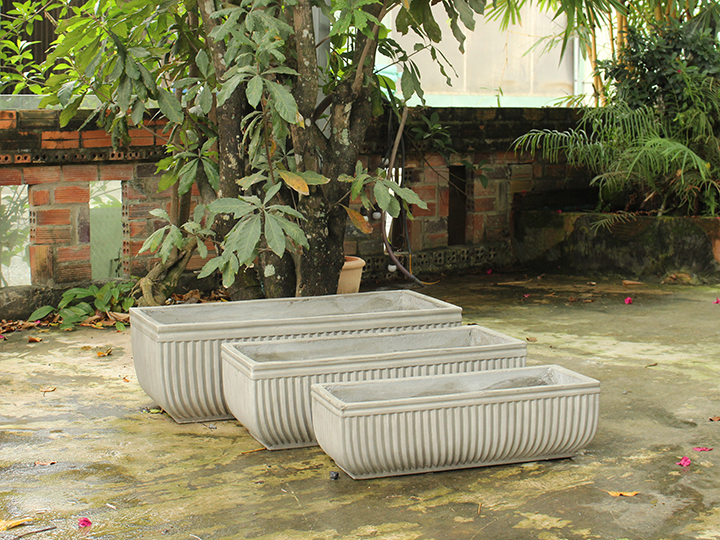 SET OF 3 LUXURY RECTANGULAR TROUGH CONCRETE PLANTERS WITH STRIPED DESIGN