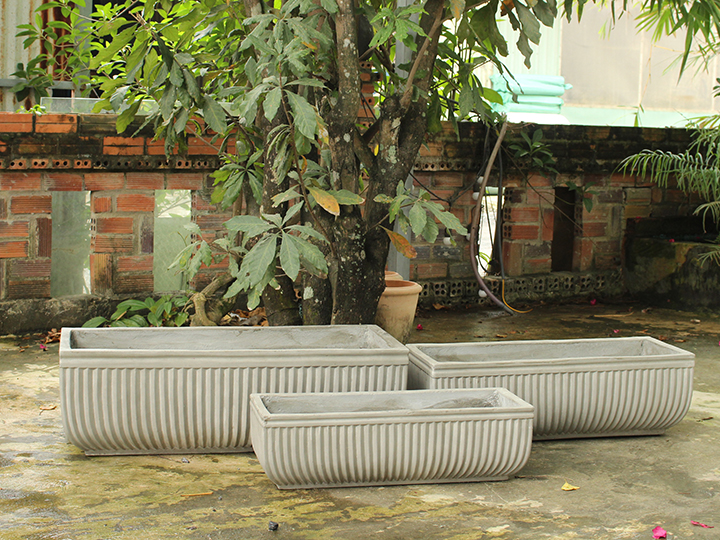 SET OF 3 LUXURY RECTANGULAR TROUGH CONCRETE PLANTERS WITH STRIPED DESIGN