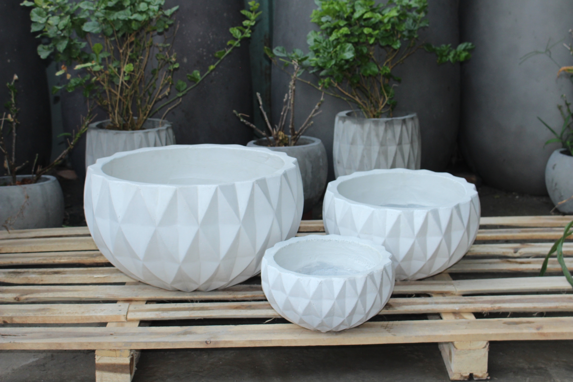 Set Of 3 Diamond Low Round Planter