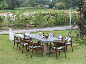 Alys Trestle Concrete Dining Table 8′ - Steady Wood Legs